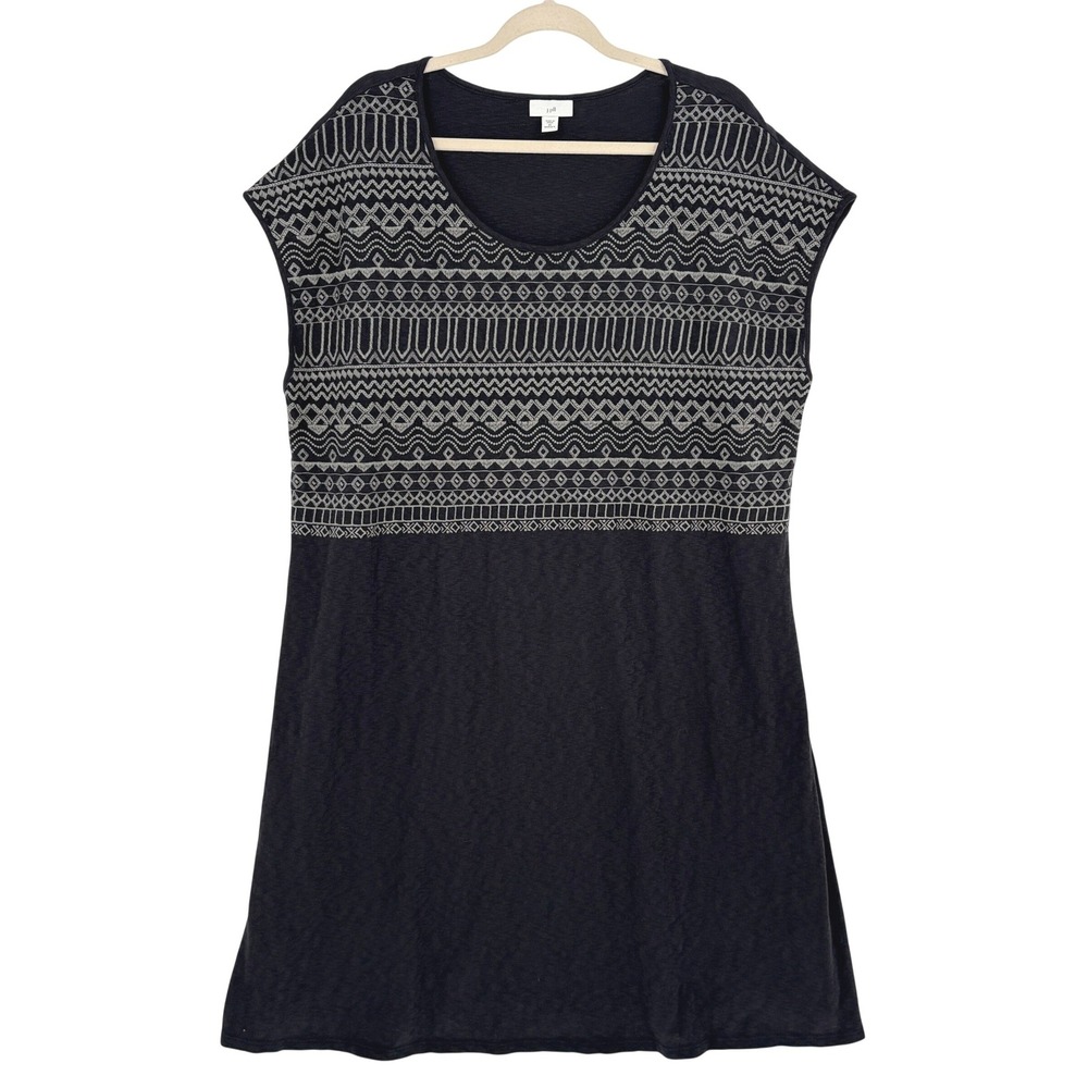 J. Jill Womens 2X Shift Dress Gray Embroidered Geometric Cotton Slub Cap Sleeve